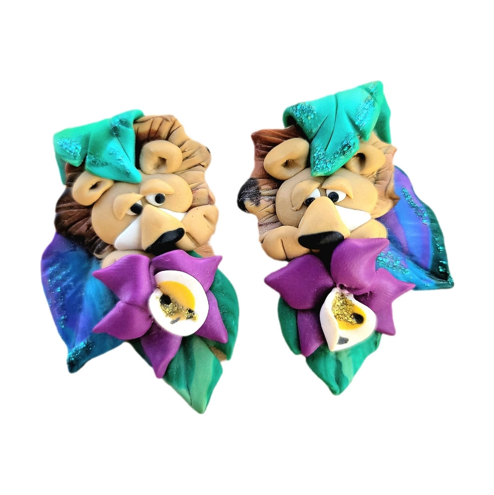Handmade Polymer Clay Comical Lion With Colorful Floral And Leaf Accents